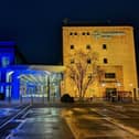 The council's blue and yellow lighting in tribute to Ukraine
