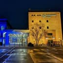 The council's blue and yellow lighting in tribute to Ukraine