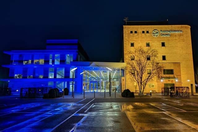 The council's blue and yellow lighting in tribute to Ukraine