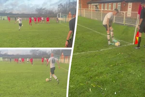 The corner kick routine that led to a goal for AFC Hackleton 