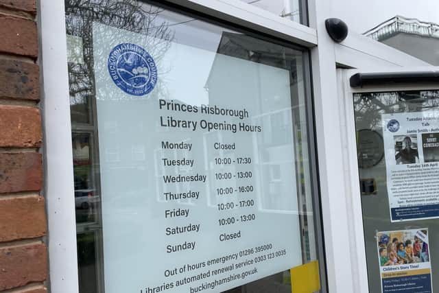 Opening hours at Princes Risborough Library, photo from Charlie Smith, Local Democracy Reporter