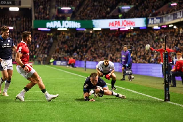 Matt Fagerson scored Scotland's fifth try in the record 35-7 win over Wales at Murrayfield. (Photo by Ian MacNicol/Getty Images)
