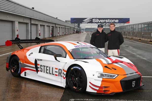 James Wood (left) and Sennan Fielding pictured with the Steller Motorsport Audi R8 LMS GT3. Photo by Jakob Ebrey.