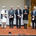 Rabbi Neil James, Imam Abdul Dayan, the Reverend Dr Alan Watson, Bishop of Buckingham, Reverend Canon Rosie Harper chaplain to the Bishop of Buckingham, Kevin Piper clerk of trustees for the Chiltern Area Quaker Meeting, Muthu Mardawan, president of the Aylesbury Hindu Temple Trust, and Gerald Knight, Vale of Aylesbury Baháʼís, photo from Charlie Smith, Local Democracy Reporting Service