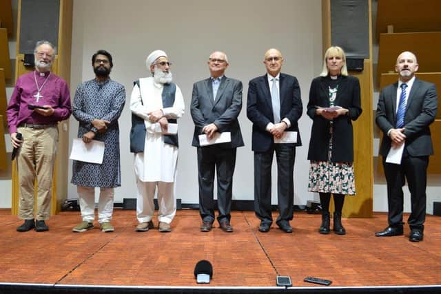 Rabbi Neil James, Imam Abdul Dayan, the Reverend Dr Alan Watson, Bishop of Buckingham, Reverend Canon Rosie Harper chaplain to the Bishop of Buckingham, Kevin Piper clerk of trustees for the Chiltern Area Quaker Meeting, Muthu Mardawan, president of the Aylesbury Hindu Temple Trust, and Gerald Knight, Vale of Aylesbury Baháʼís, photo from Charlie Smith, Local Democracy Reporting Service