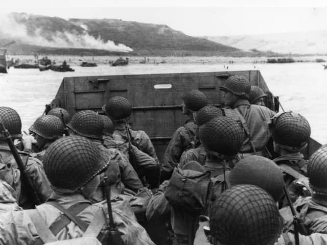 A landing craft approaching Omaha Beach on D-Day, June 6 1944, a scene that the film Saving Private Ryan re-created.