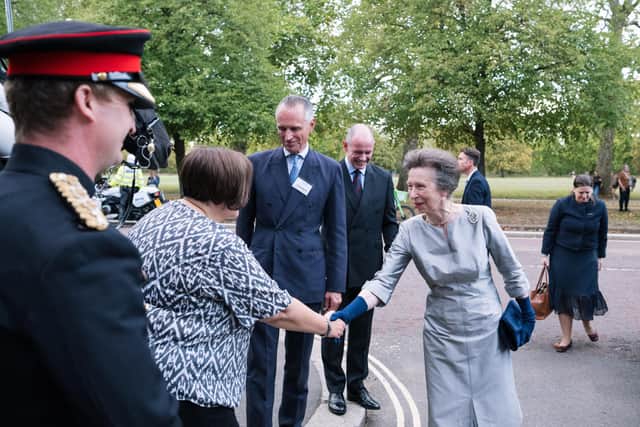 The Princess Royal shaking hands with Horse Trust chief executive Jeanette Allen