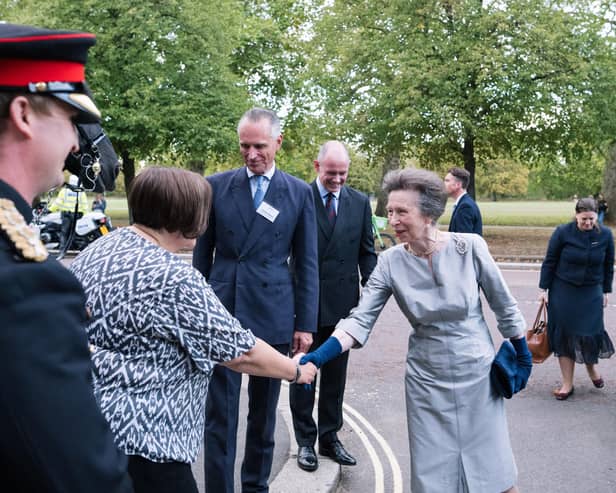 The Princess Royal shaking hands with Horse Trust chief executive Jeanette Allen