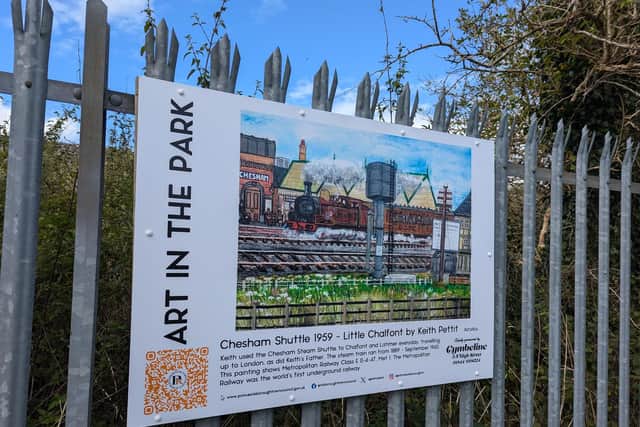 "Chesham Shuttle 1959 - Little Chalfont" by Keith Pettit. One of the finalists boards from the 2024 edition of Art in the Park.