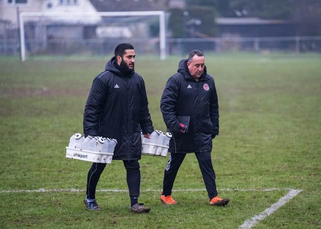 Risborough Rangers manager Mark Eaton with Alex Sethi last season Picture by Charlie Carter