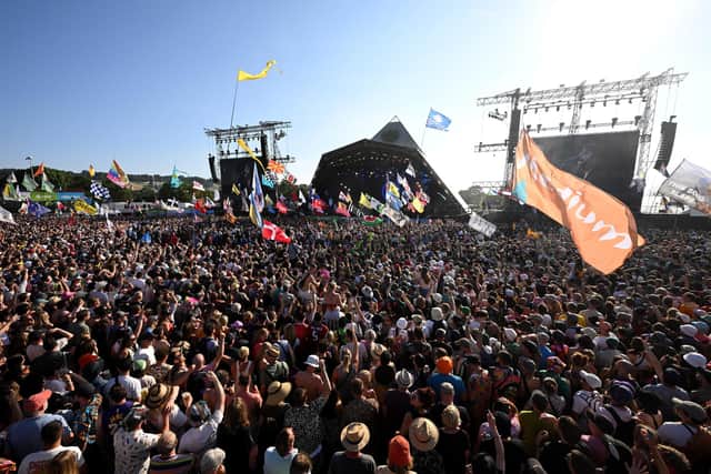Crowds watch the performances on Day 3 of Glastonbury Festival 2023 on June 23, 2023 in Glastonbury, England. (Photo by Leon Neal/Getty Images)