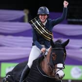 Katie Robinson celebrates her HOYS win on Mervs Thanks A Million II