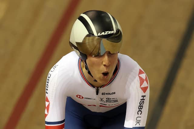 Josie Knight celebrates bronze in the Women's 500m Time Trial final at the UCI Track Nations Cup in Glasgow in April. Photo: Getty.