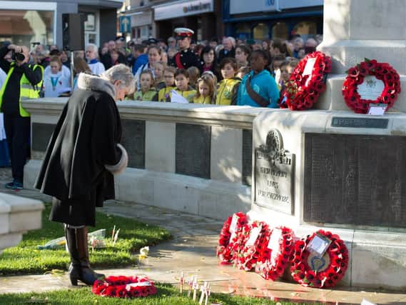 Wreaths laid at the war memorial in Market Square, Aylesbury