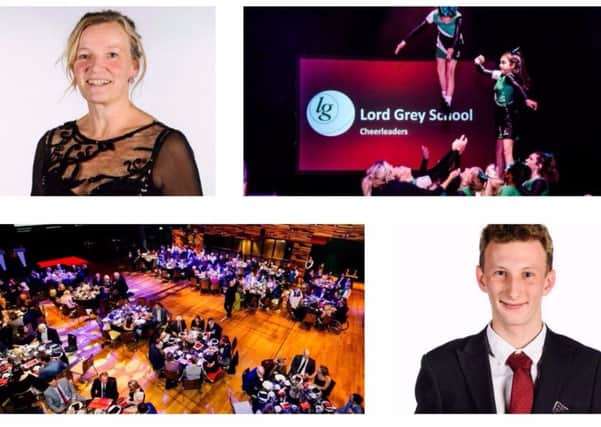 The Bucks Sports Awards - top left volunteer award winner Georgie Camfield and bottom right young leader winner Adam Woodage. Pictured top right is the Lord Grey School cheerleading squad who opened up the awards
