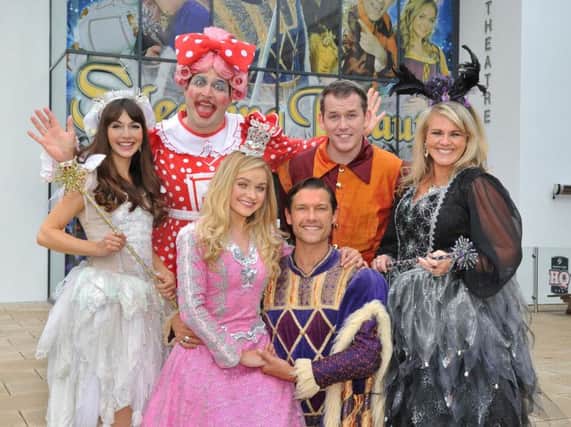 Cast of Sleeping Beauty at Grove Theatre, Dunstable: from left, back, Rebecca Keatley (Fairy Moonbeam), Will Kenning (Nurse Nellie), Ian Jones (Jangles) and Sally Lindsay (Carabosse); front from left, Jemma Carlisle (Sleeping Beauty) and John Partridge (Prince Charming). Picture by Paul Clapp, Limelight Studios