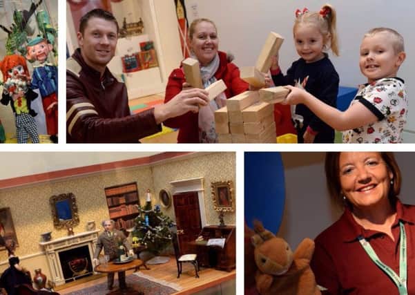 Bucks County Museum's ongoing toy box exhibition - top left the Pelham puppets, top right the Simmons family - dad Mark, mum Amy and children Bethany and Luke playing giant Jenga. Bottom left the Upstairs Downstairs doll house and bottom right museum assistant Angela Martinig with a glove puppet