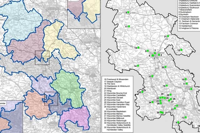 The planned early help areas, left, compared to the existing children's centres locations, right
