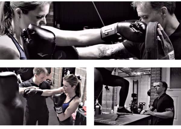 James O'Driscoll, who has recently moved to Aylesbury, is the UK's first blind personal fitness trainer. He is pictured here with a client teaching her boxing and bottom right, analysing as she does some fitness drills