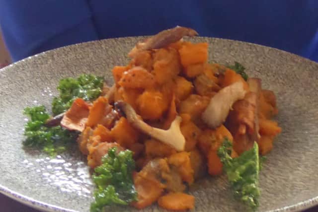 Chestnut and sage crushed butternut with butternut fondant, crispy kale, oyster mushrooms, roasted pine kernels and butternut puree