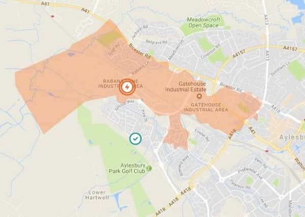 A map showing the area of Aylesbury reportedly affected by this afternoon's power cut