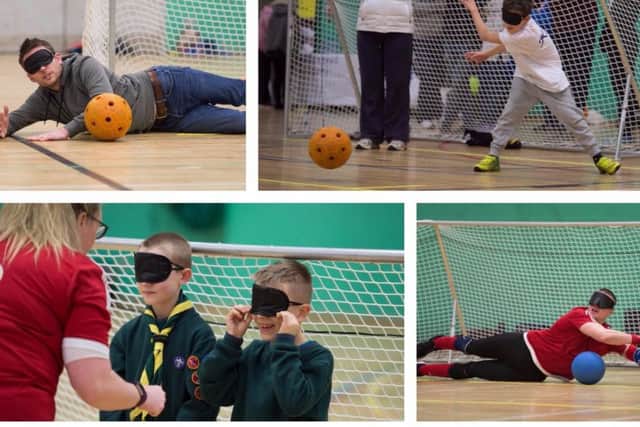 Launch of goalball at Stoke Mandeville Stadium - bottom right Team GB players show how it's done while the other photos show kids and adults both trying the sport out
