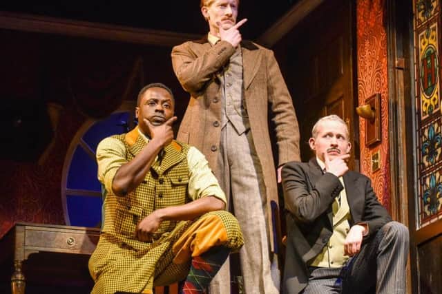 Kazeem Tosin Amore, Jake Curran and Benjamin McMahon in The Play That Goes Wrong