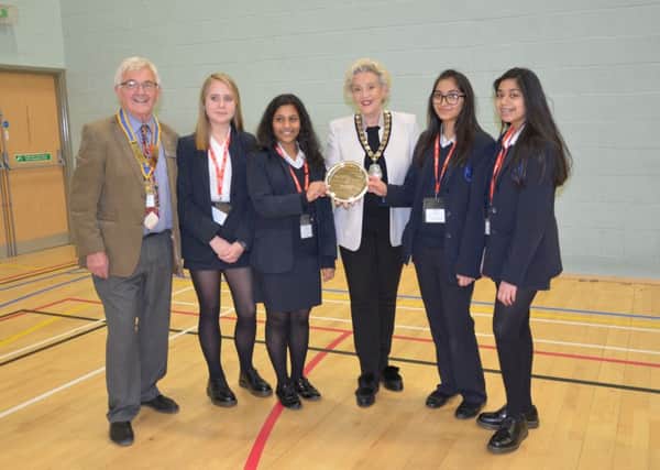 The Aylesbury High School team - winners of the Best Portfolio award with Rotary Club of Aylesbury Hundreds president Barry Ferguson