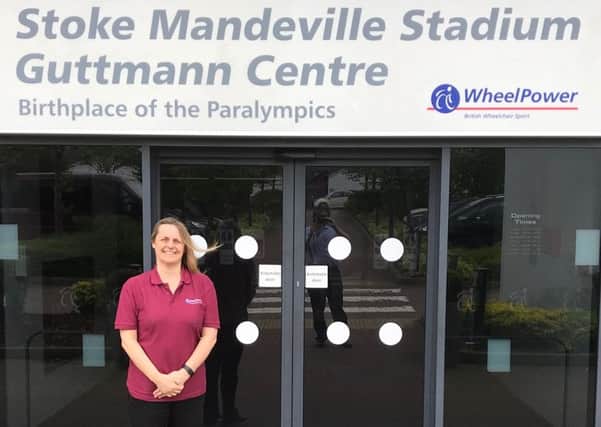 Joanne Hall outside the WheelPower offices - they are based at Stoke Mandeville Stadium