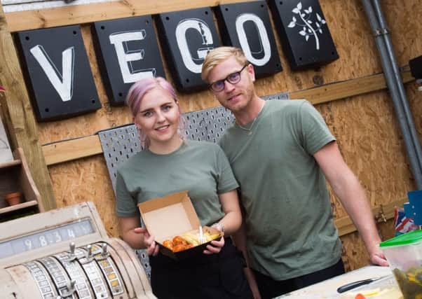 Vego foods pop up restaurant at Twigs Nursery near Buckingham - pictured is business owner Chelsea Taylor and her partner Connor (who stepped in to help for the day)