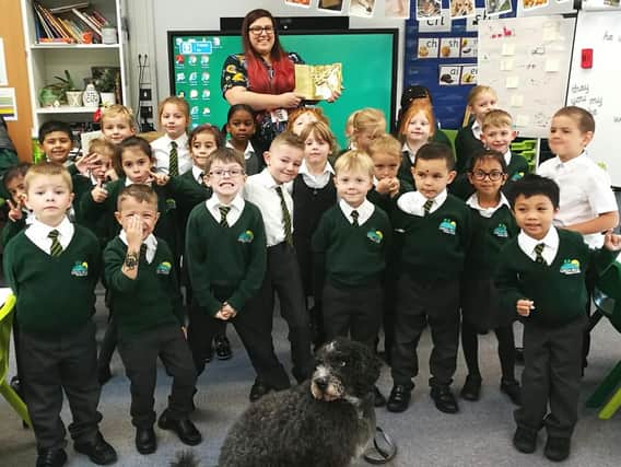 Cinzia Imbriano with her pupils at Green Ridge and school dog, Barkley
