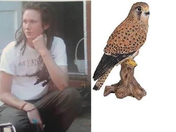 Peter Innes and a kestrel similar to the one stolen from his grave