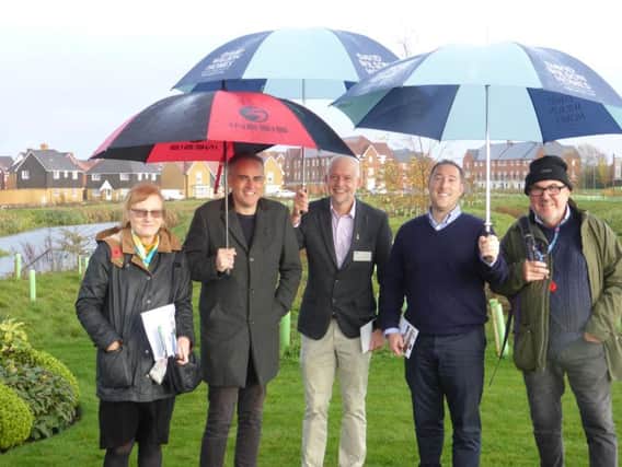 The Green Party at Kingsbrook - pictured from left are Mary Hunt, co-ordinator of Aylesbury Vale Green Party, Jonathan Bartley, co-leader of the Green Party, Mike Pollard, RSPB, Daniel Poll, Barratt Homes and Colin Bloxham, Green Party member