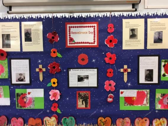 Remembrance wall at Maids Moreton CofE School