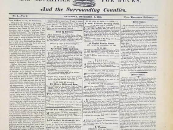 One of the auction lots available - an old edition of the Aylesbury Times newspaper from 1836