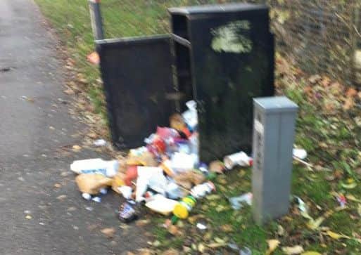 Photo showing a rubbish bin overflowing on to a footpath near Aylesbury