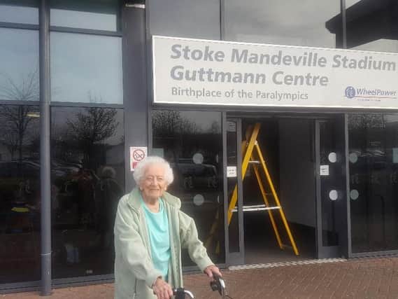 Hilda Duncombe outside the Stoke Mandeville Stadium