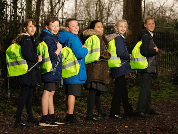 Pupils from Bierton Combined Primary School with their new high-visibility bags