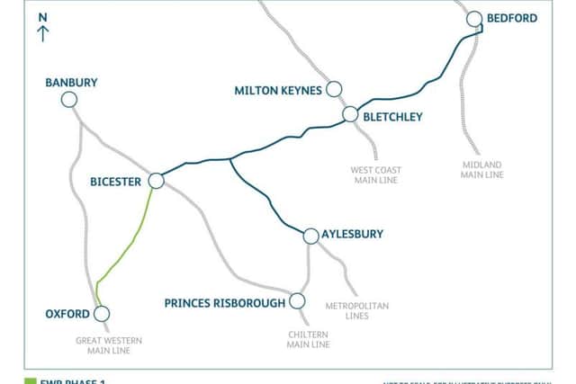 Map showing phases one and two of the East West Rail scheme
