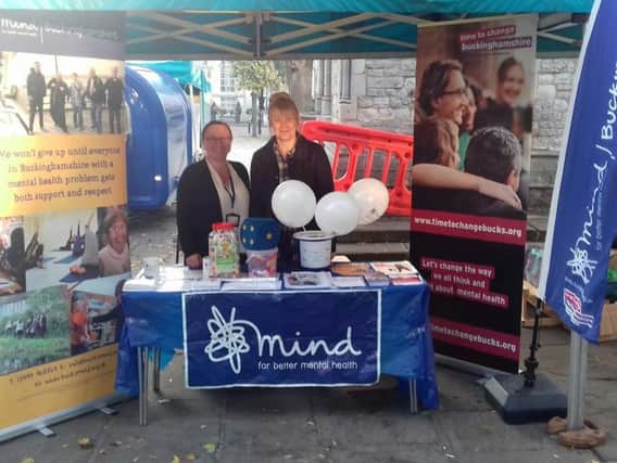 Bucks Mind staff members Claire Thomas (left) and Sharon Cullen on a Bucks Mind stall in the market square