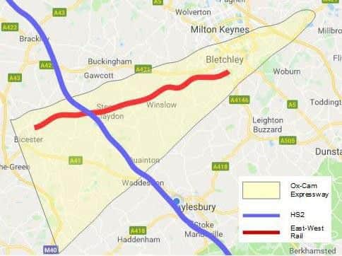 Map showing approximate proposed routes of three major developments through North Buckinghamshire