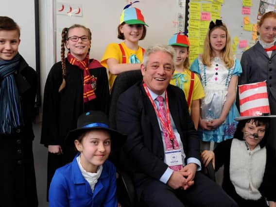 John Bercow with year six students at Winslow C of E Combined School