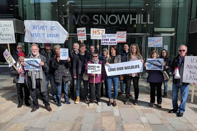 Anti-HS2 campaigners outside HS2 headquarters in Birmingham