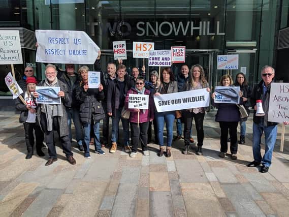 Anti-HS2 campaigners outside HS2 headquarters in Birmingham