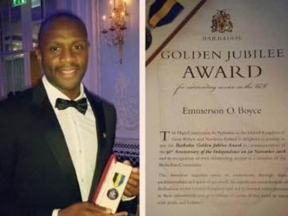 Emmerson Boyce (left) and confirmation of his golden jubilee award (right)