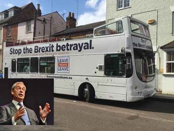 The Leave Means Leave bus as it arrives in Buckingham (Inset: Nigel Farage)