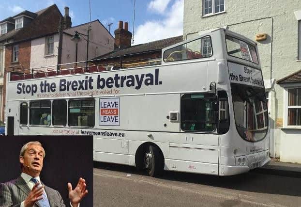 The Leave Means Leave bus as it arrives in Buckingham (Inset: Nigel Farage)