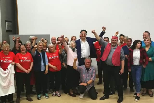 Peter Stefanovic with Mayor Jon Harvey, councillor Robin Stuchbury and Labour Party supporters