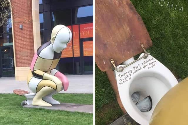 Photos of the portable toilet left next to the I Am Me statue in Aylesbury over the weekend