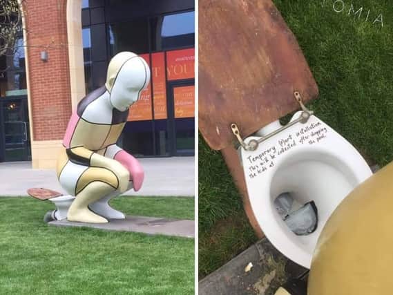 Photos of the portable toilet left next to the I Am Me statue in Aylesbury over the weekend